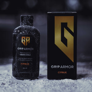 Citrus 250ml bottle of Grip Armor Liquid chalk with the Grip armor box.